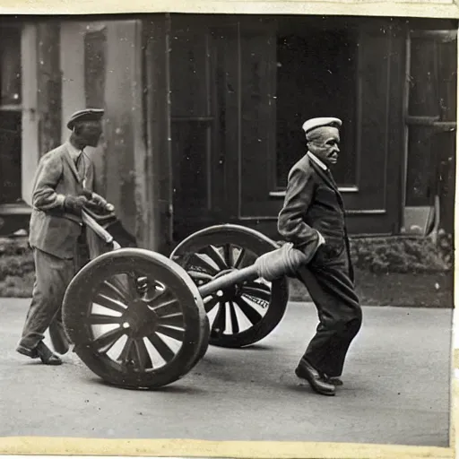 Image similar to photograph of an eldery gentleman towing a howitzer! artillery! which is connected to his mobility scooter, on a street