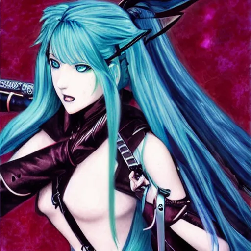 Prompt: portrait of vampire slayer Miku Hatsune Belmont, by Ayami Kojima. Award winning Castlevania vocaloid art.