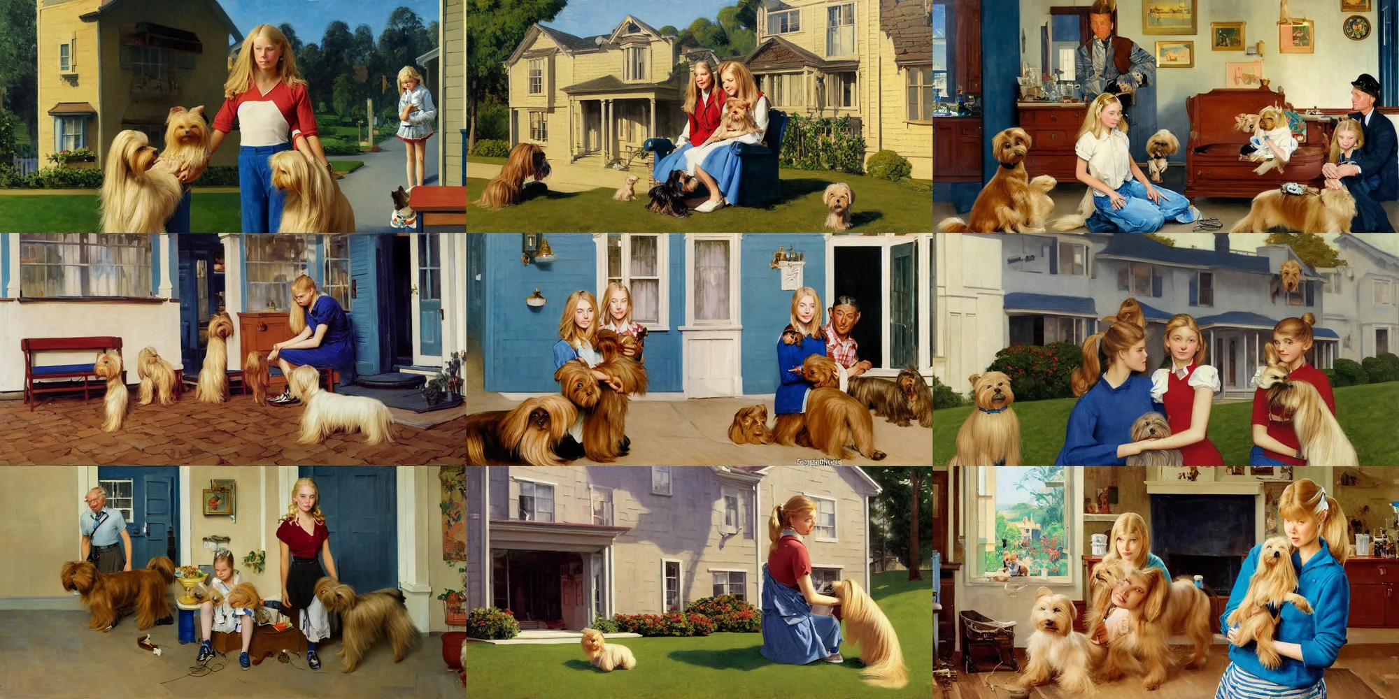 Prompt: A beautiful teen-aged girl, with blond long hair in a ponytail and blue eyes, holding her Yorkshire Terrier, with her father on her right side and her mother on her left side, in front of a two story house, very detailed, 4k masterpiece, painted by Edward Hopper, painted by Norman Rockwell.