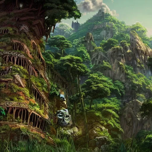 Image similar to a giant troll in city ruins overtaken by vegetation in anime style highly detailed by makoto Shinkai and Raphael Lacoste