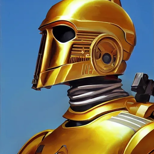 Image similar to greg manchess portrait painting of c 3 po as overwatch character, medium shot, asymmetrical, profile picture, organic painting, sunny day, matte painting, bold shapes, hard edges, street art, trending on artstation, by huang guangjian and gil elvgren and sachin teng