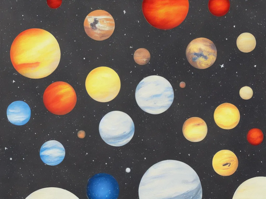 Prompt: A beautiful painting of a five planets, There are five planets that are black, white, yellow, red, and blue, behind the galaxy and the universe, Trending on artstation, graphic design, simple