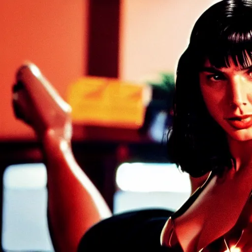 Image similar to Live Action Still of Gal Gadot in Pulp Fiction, real life, hyperrealistic, ultra realistic, realistic, highly detailed, epic, HD quality, 8k resolution, body and headshot, film still