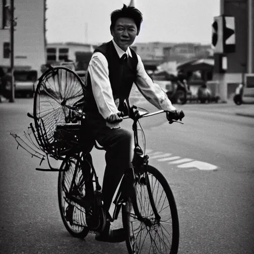 Prompt: a film photo of man on bike by daido moryama