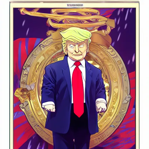 Image similar to donald trump as a jojo character, studio portrait, anime key visual, by wlop, alphonse mucha, extremely detailed