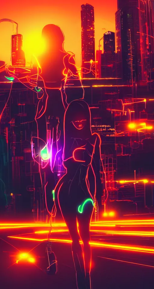 Prompt: cyberwomen, neon lights, city, glow, sunset, cinematic, retrowave style,