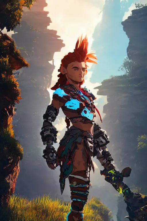 Image similar to combination suit armor aloy horizon forbidden west horizon zero dawn robot ninja mask helmet backpack tribal, aesthetic octane render, 8 k hd resolution, by ilya kuvshinov and cushart krentz and gilleard james radiating a glowing aura cgi rtx 2 0 2 2