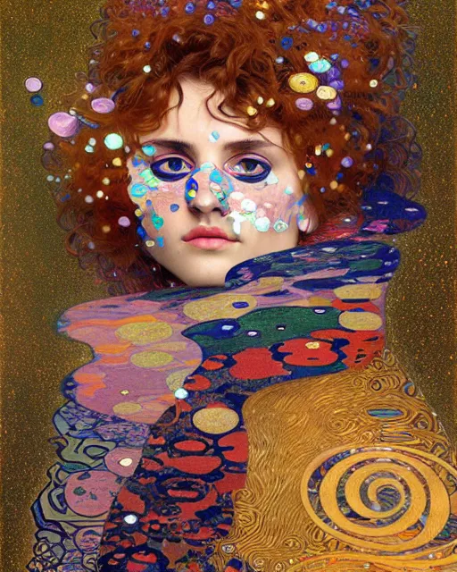 Image similar to cool cat portrait an oil painting splashes with many colors and shapes by gustav klimt greg rutkowski and alphonse mucha, polycount, generative art, psychedelic, fractalism, glitch art