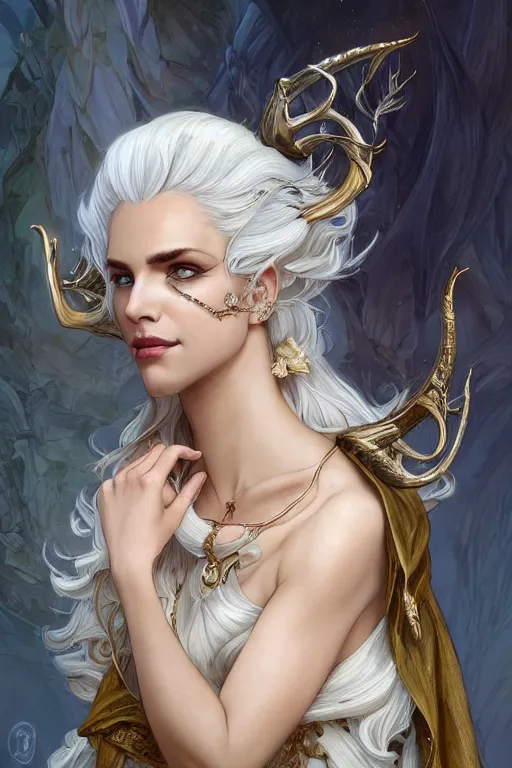 Prompt: fullbody!! of a beautiful woman with white hair, pointy ears, big natural horns on her head, long flowing intricate dress, gold jewellery, dnd, face, fantasy, intricate, elegant, highly detailed, digital painting, artstation, concept art, smooth, sharp focus, illustration, art by artgerm and greg rutkowski and alphonse mucha