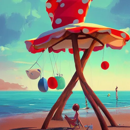 Prompt: polka dot beach chair on the beach metaphysical art, fantasy, surrealism, zbrush, unreal engine, vibrant, detailed, by gediminas pranckevicus, rhads, anton fadeev, and tim doyle, unreal engine, trending on artstation, masterpiece