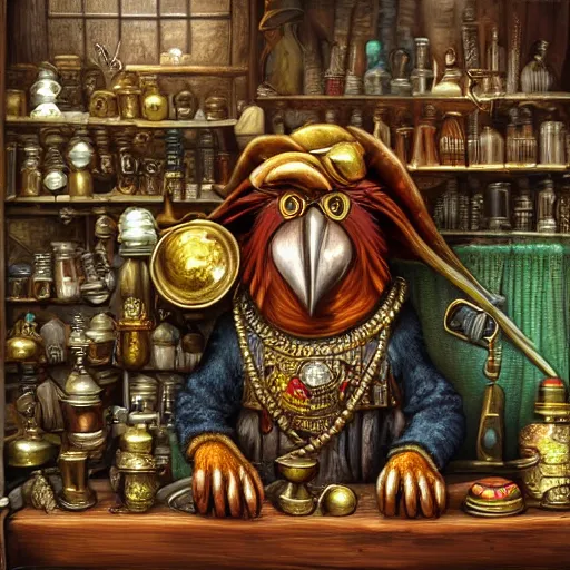 Prompt: Anthropomorphized parrot trader in his shop, selling his wares, portrait, items, weapons, magic potions, carpet, window, fancy hat, sly expression , cunning expression, cute expression, long thick shiny gold beak, presenting wares, holding a gold bag, D&D, fantasy, cinematic lighting, highly detailed, digital painting, artstation, concept art, smooth, sharp focus, illustration, warm light, cozy warm tint, magic the gathering artwork, volumetric lighting, 8k, art by Akihiko Yoshida, Greg Rutkowski