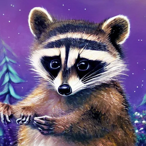 Prompt: cute baby raccoon sitting in magical forest detailed painting 4 k