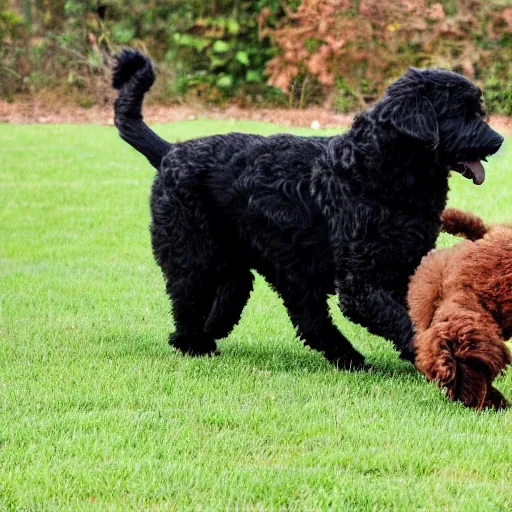 Prompt: Big black labradoodle and small golden labradoodle puppy playing together