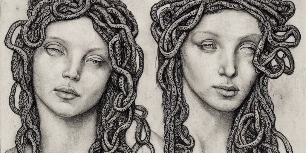 Image similar to realistic portrait of a beautiful medusa with her snakes in the hair, 1450, ink, ultra realistic, 8k