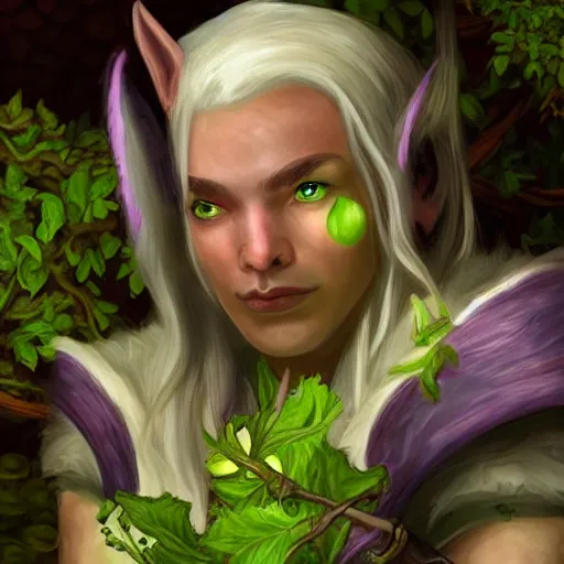 Image similar to a portrait photo of a night elf harvesting herbs from world of warcraft as a real human, realistic, hyperrealism