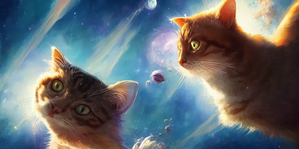 Prompt: cat high in space, Moebius, Greg Rutkowski, Zabrocki, Karlkka, Jayison Devadas, Phuoc Quan, trending on Artstation, 8K, ultra wide angle, zenith view, pincushion lens effect