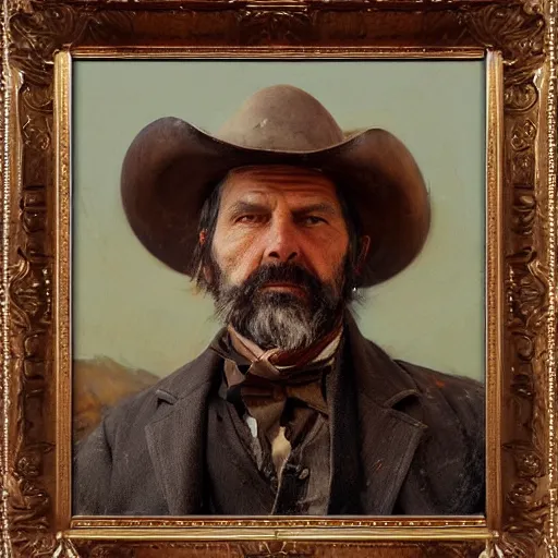 Prompt: Solomon Joseph Solomon and Richard Schmid and Jeremy Lipking victorian genre painting portrait painting of Royal Dano a rugged cowboy gunfighter old west character in fantasy costume, rust background