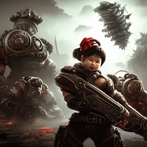 Prompt: cute little Xi Jinping in Gears of War cover art, ultra wide lens shot , tiny, small, short, cute and adorable, pretty, beautiful, DnD character art portrait, matte fantasy painting, DeviantArt Artstation, funny face, by Jason Felix by Steve Argyle by Tyler Jacobson by Peter Mohrbacher, cinematic lighting