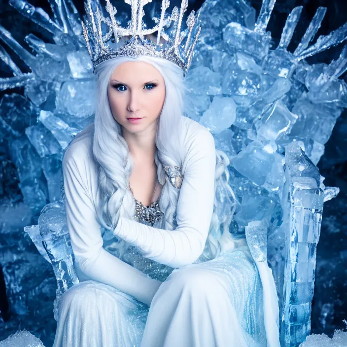 Prompt: professional photograph of a beautiful!! ice queen with intricate crown and cloak, sitting on an icy throne. Extremely detailed. 8k