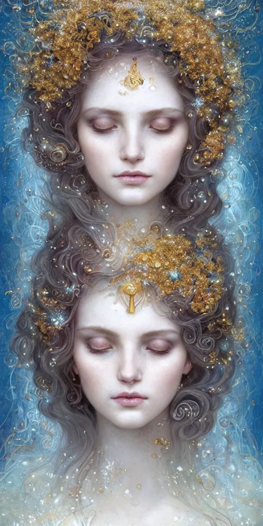 Image similar to Beautiful Delicate Detailed portrait of sun summer woman, With Magical golden eyes by Tom Bagshaw, Bastien Lecouffe Deharme, Erik Johansson, Amanda Sage, Alex Grey, Alphonse Mucha, Harry Clarke, Josephine Wall and Pino Daeni, Delicate winter frozen creature With long golden Hair and Magical Sparkling Eyes, Magic Particles; Magic Swirls, in a out of this world magical summer landscape, 4K; 64 megapixels; 8K resolution concept art; detailed painting; digital illustration; hyperrealism; trending on Artstation; Unreal Engine Photorealistic, lifelike, Unreal Engine, sharp, sharpness, detailed, 8K