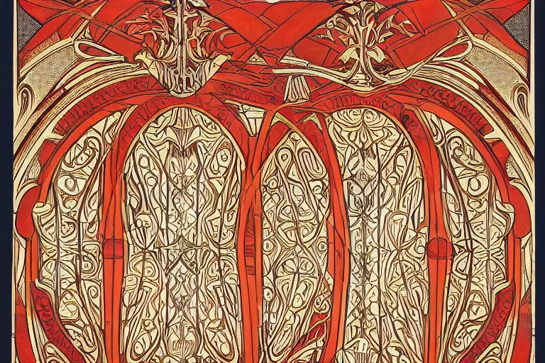 Image similar to symmetrical mural painting from the early 1 9 0 0 s in the style of art nouveau, red curtains, art nouveau design elements, art nouveau ornament, opera house architectural elements, mucha, masonic symbols, masonic lodge, joseph maria olbrich, simple, iconic, masonic art, masterpiece