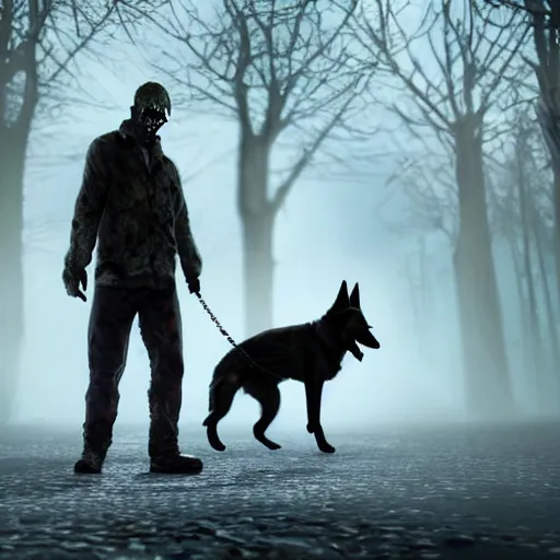 Prompt: dog - walker with german shepherd as angry zombie in a city park, full body portrait, horror core, apocalyptic, sharp focus, fiction, hyper detailed, digital art, trending in artstation, cinematic lighting, studio quality, smooth render, unreal engine 5 rendered, octane rendered, art style and nixeu and wlop and krenz cushart