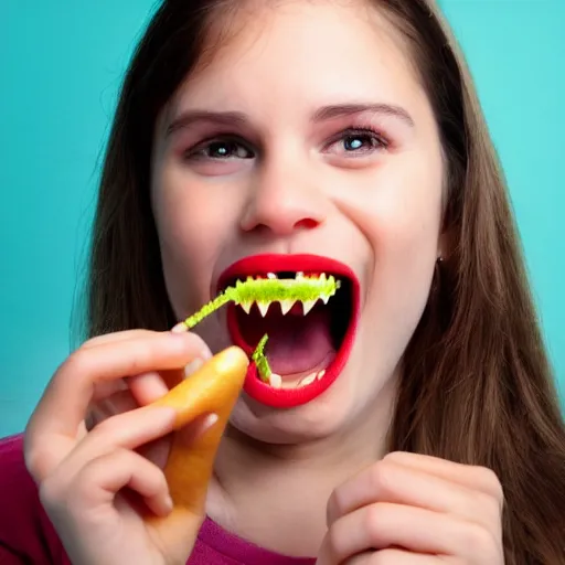 Image similar to a girl with a big teeth and she's eating a carrot photo - realistic