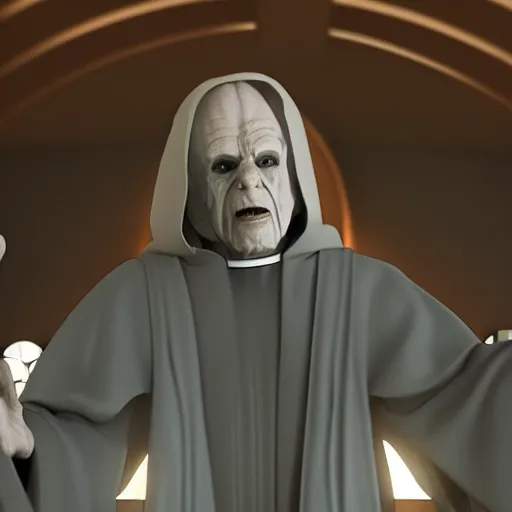 Image similar to emperor palpatine preaching to people at church, 8k cinematic lighting, very sharp detail, anatomically correct