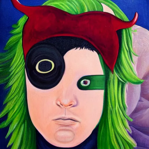 Prompt: a contemporary painting of a portrait of a boy with green hair and two devil horns and an eye patch