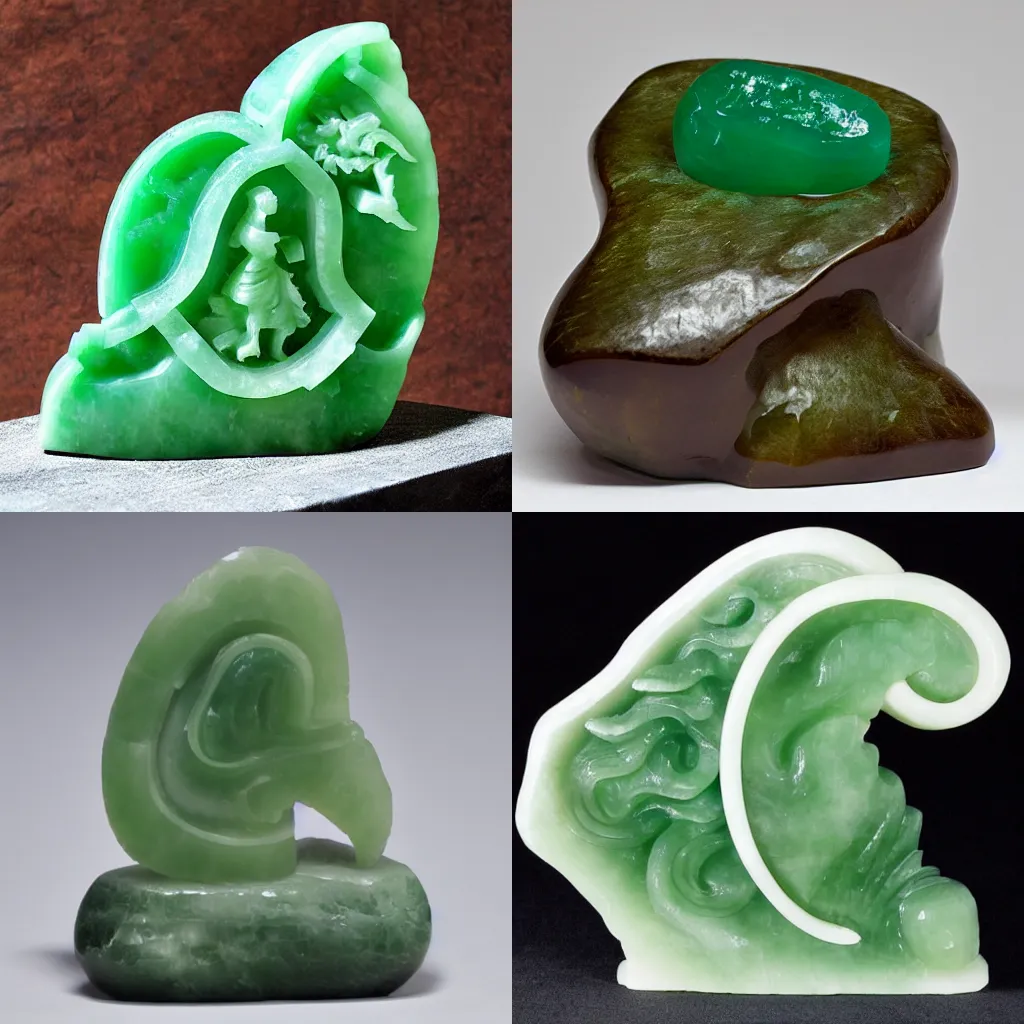 Prompt: carved jade sculpture in the shape of a beautiful mountain