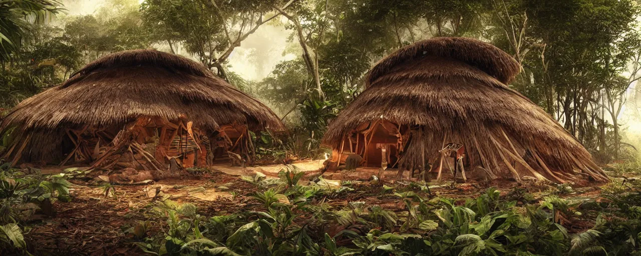 Image similar to an intricate concept art of a tribal hut in the middle of the amazon rainforest, artstation, sci - fi, hyper realistic, concept art, art by dylan cole, cinematic lighting, octane render