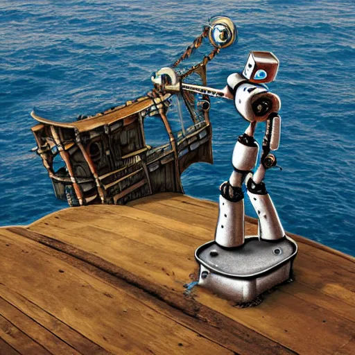 Image similar to A robot navigating an old pirate ship on the ocean