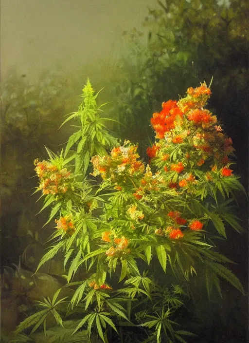 Prompt: oil painting by anders zorn, nature, bush, marijuana flowers, cannabis leaves with backlight