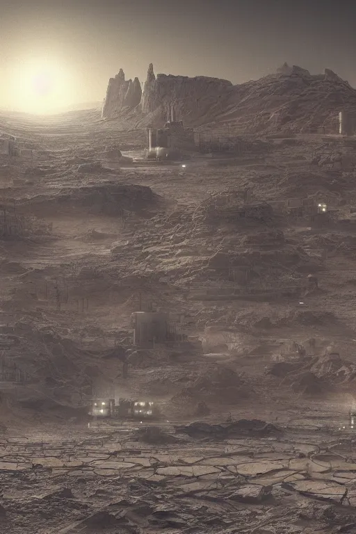 Image similar to research lab brutalist arquitecture with yellow industrial lights on in a man made stone valley in the middle of the desert of Mars planet at night dust storm concept art by yoshitaka amano and H.R. Giger, intricate detail, 8k, featured art