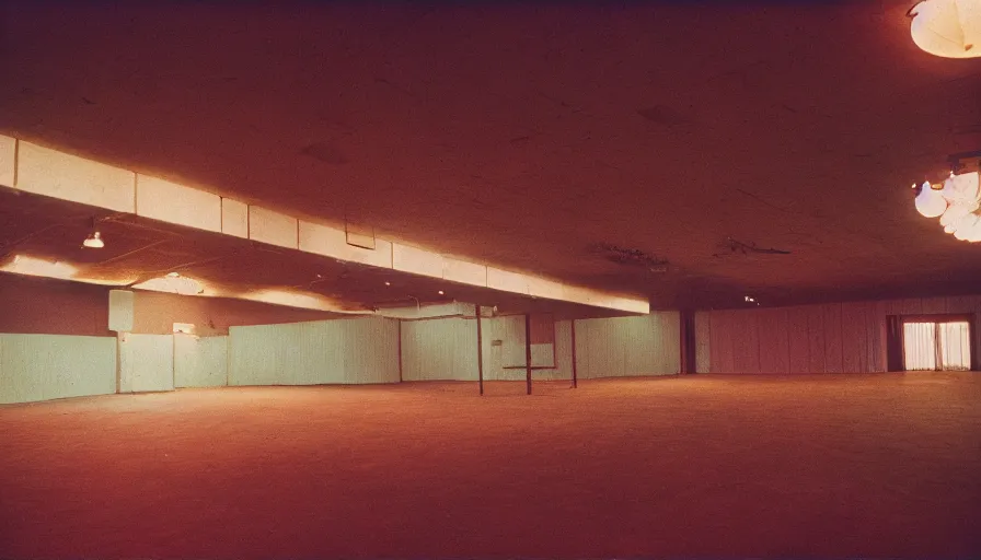 Prompt: 70s movie still of limonal empty space ballroom , cinestill 800t Technicolor, heavy grain, high quality, criterion collection