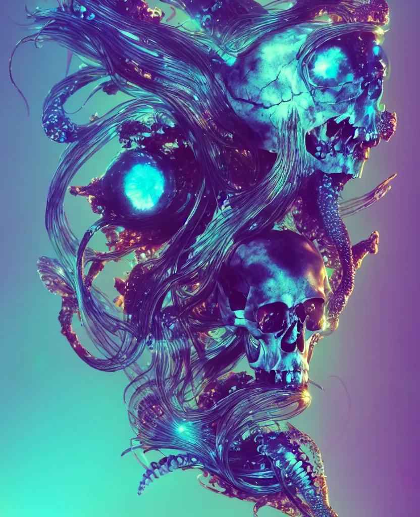 Image similar to goddess close-up portrait animal skull. jellyfish phoenix head, nautilus, orchid, skull, betta fish, bioluminiscent creatures, intricate artwork by Tooth Wu and wlop and beeple. octane render, trending on artstation, greg rutkowski very coherent symmetrical artwork. cinematic, hyper realism, high detail, octane render, 8k