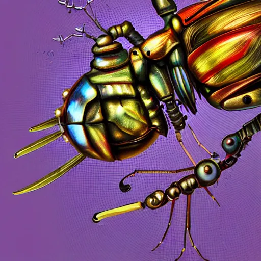 Prompt: Macrophotography of a multicolored steampunk biomechanical insect, 3d, digital painting, foggy ambient