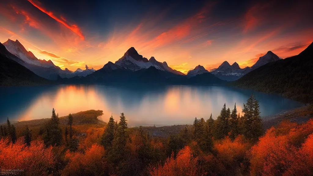 Image similar to amazing landscape photo of mountains with lake in sunset by marc adamus, beautiful dramatic lighting