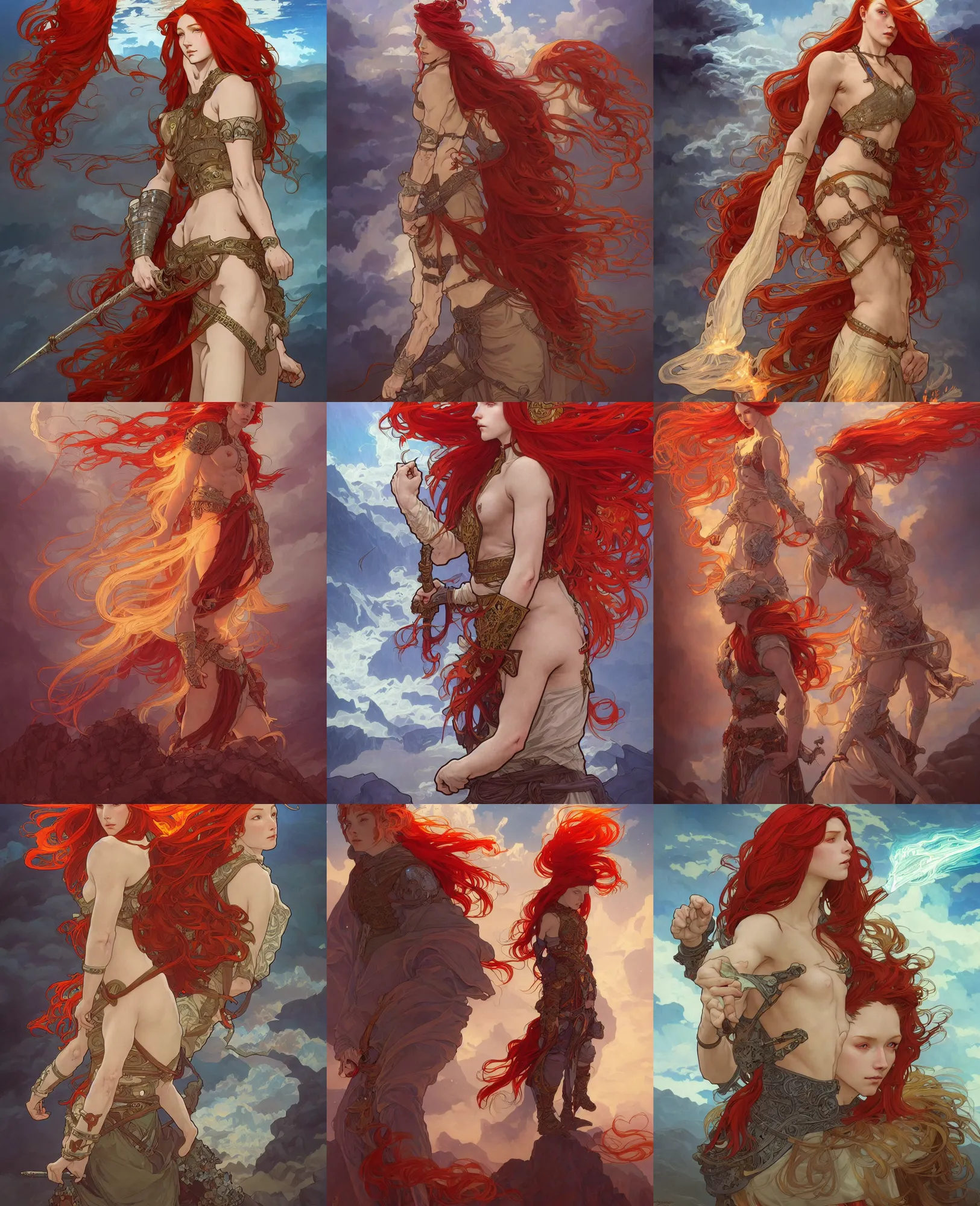 Image similar to a beautiful fire wizard with fire red hair, freckles. wearing armor inspired by alphonse mucha with an exposed midriff, standing on a mountain top with epic clouds and volumetric lighting. intricate illustration and highly detailed digital painting. concept art by artgerm. inspired by brom art and larry elmore.