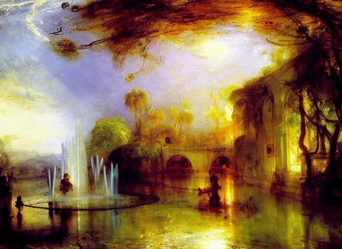 Prompt: magical fountain. by henriette ronner - knip, by william henry hunt, by rembrandt, by joseph mallord william turner, by konstantin razumov, concept art,
