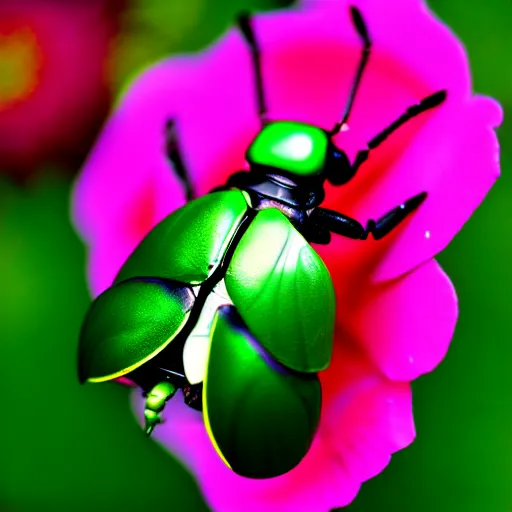 Image similar to rose chafer with quadcopter drone wings creating turbulence above rose flowers black background