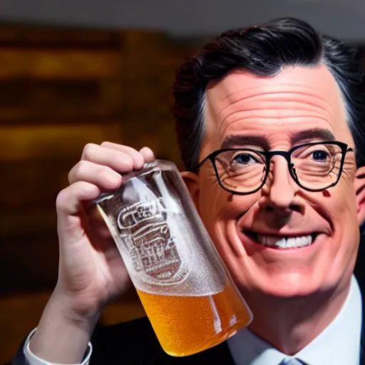 Prompt: stephen colbert face in a clear beer bottle!!!!, 8 k, ultra realistic details