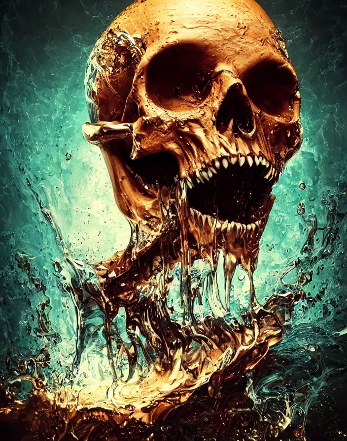 Image similar to portrait of a melting dripping skull. razor sharp teeth. burning water distortions. intricate abstract. intricate artwork. by Tooth Wu, wlop, beeple, dan mumford. octane render, trending on artstation, greg rutkowski very coherent symmetrical artwork. cinematic, hyper realism, high detail, octane render, 8k, depth of field, bokeh. iridescent accents