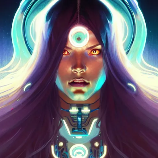 Image similar to cyborg, female, fantasy, bioluminiscence, flowing hair, portrait, highly detailed, digital painting, beautiful eyes, symmetry, concept art, sharp focus, illustration, art by artgerm and greg rutkowski and magali villeneuve and ilya kuvshinov! : : alphonse mucha : : - 0. 2