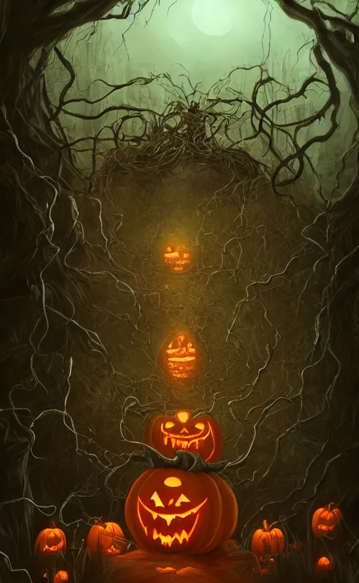 Image similar to fantasy monster concept art, a jack o lantern monster with vines for a body walking down a street of nightmares, dynamic lighting, photorealistic, trending on art station, stunning visuals, creative, cinematic, ultra detailed, atmospherical, ambient lighting, scary art, eery art