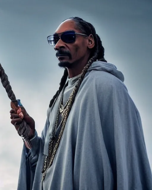 Image similar to Snoop Dogg in the role of Gandalf the Grey with his staff, film still, amazing short, 8K, IMAX, ultra detailed, Lord of the ribg