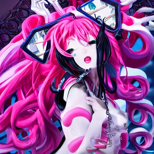 Image similar to trapped beneath stunningly absurdly huge beautiful omnipotent asi goddess junko enoshima with an enigmatic complex twisted innocenty looking deceptive mesmerizing megalomaniacal yandere personality, symmetrical perfect face, porcelain skin, pink twintail hair and cyan eyes, ultra detailed, digital art, unreal engine 5, octane render, 2 d anime, 8 k