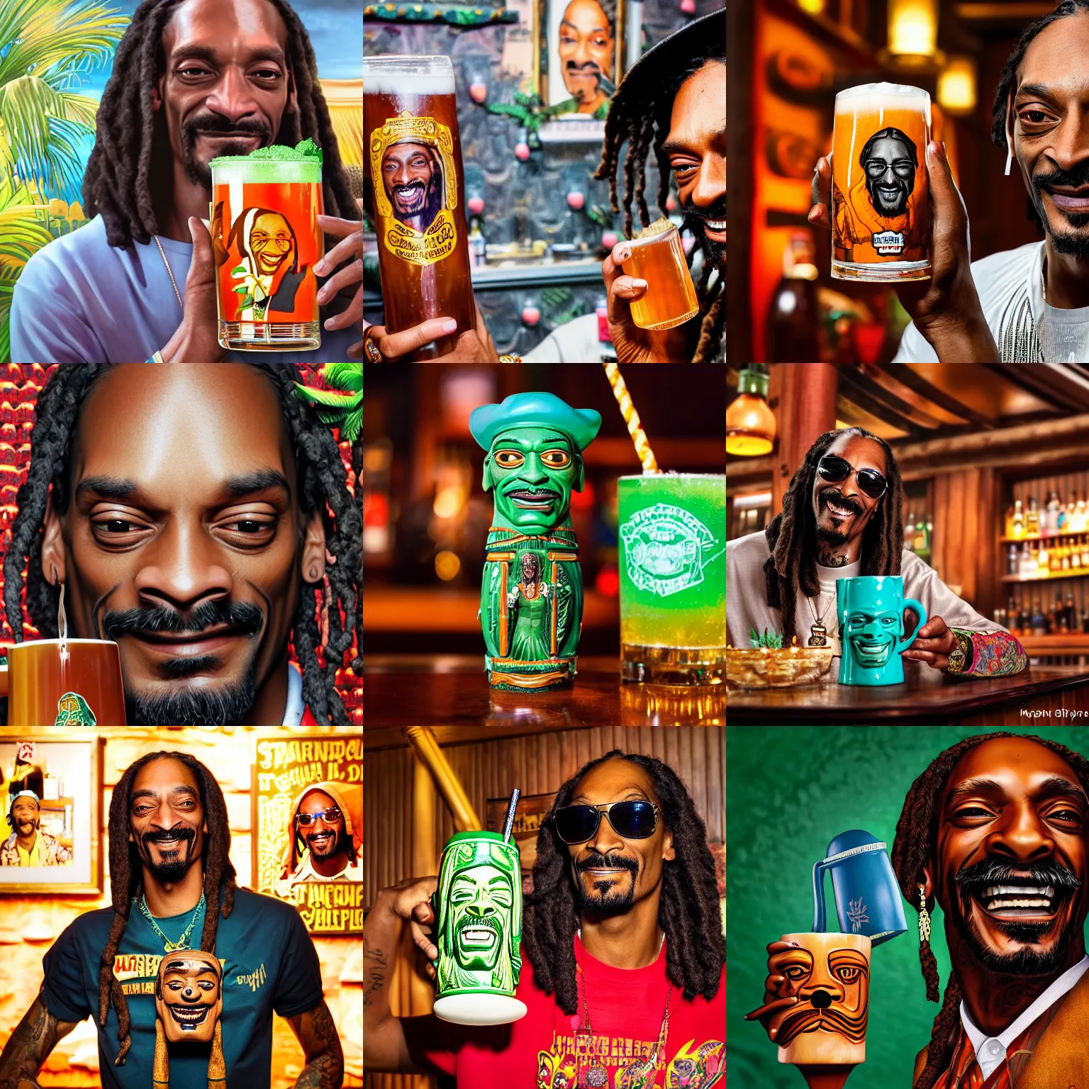 Prompt: a closeup photorealistic photograph of happy snoop dogg at trader vic's bar holding up a trader vic's tiki mug featuring the face of snoop dogg. brightly lit scene. this 4 k hd image is trending on artstation, featured on behance, well - rendered, extra crisp, features intricate detail, epic composition and the style of unreal engine.