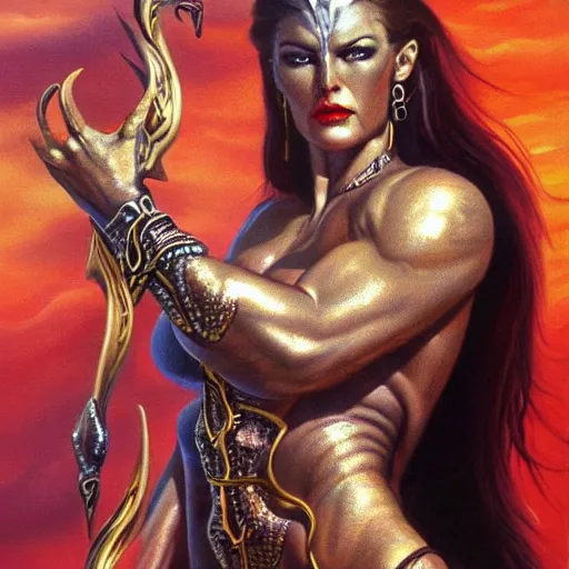 Image similar to detailed oil painting of tall hyper - muscular shining bronze - skinned warrior woman with silver eyes, riding a dragon, wearing xena armor, full body, with long wavy flowing black hair and big gold earrings, jewelry, red lipstick, makeup, feminine, volumetric lighting, dynamic composition, art by boris vallejo, heavy metal magazine