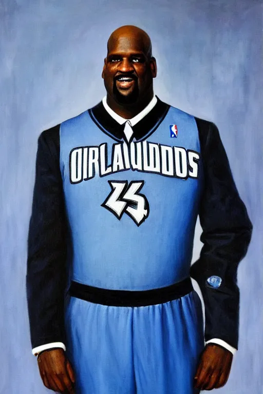 Image similar to full body portrait of shaquille o'neil as the dictator of the orlando magic, 1 8 8 9, in full military garb, magic blue, silver, and black, oil on canvas by william sidney mount, trending on artstation